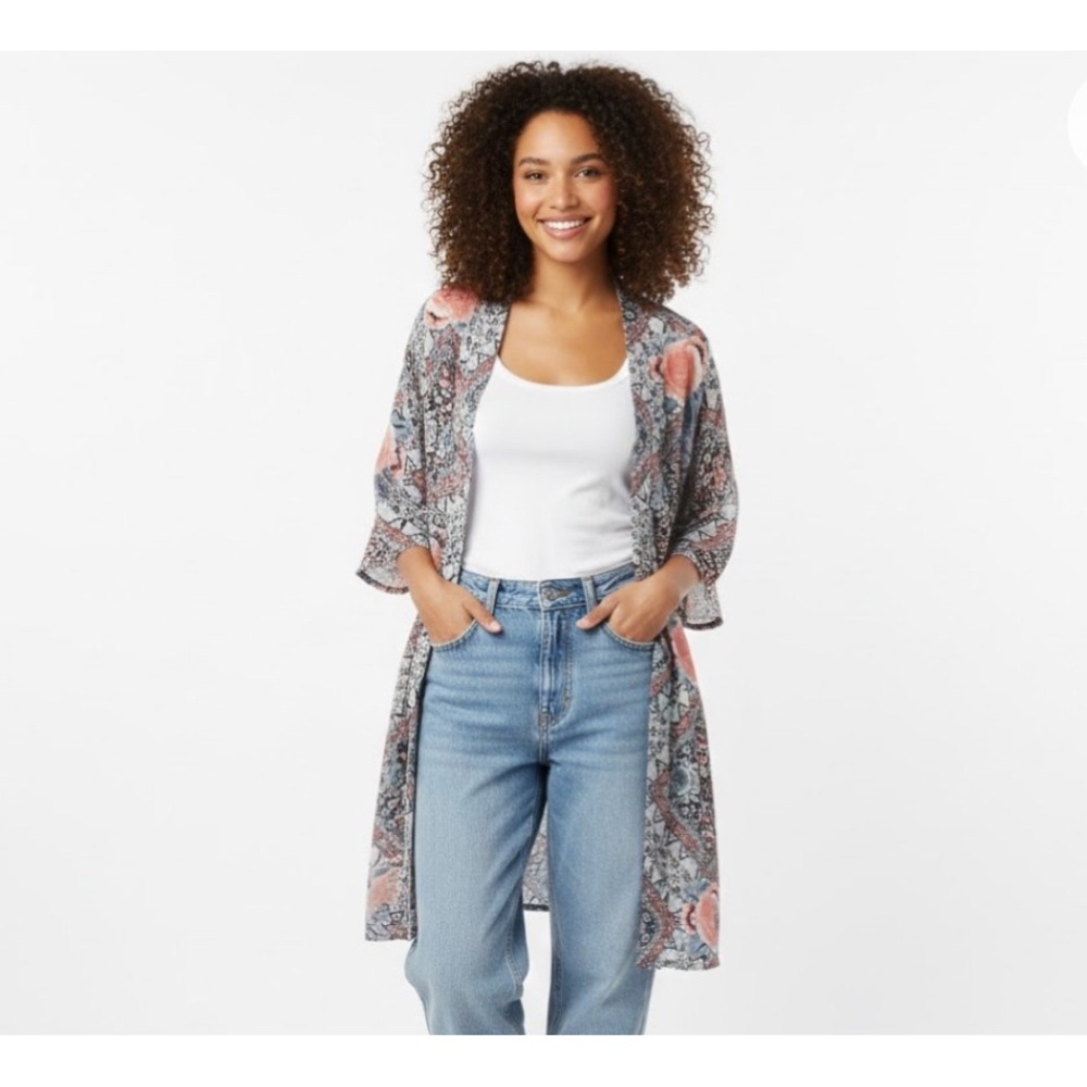 WallFlower Women's Size S Kimono Cardigan Bohemian Floral‎ Print Sheer Boho